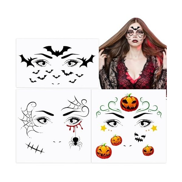 3 Feuilles Autocollants Halloween Tatouages Temporaires de Visage Yeux Cicatrices Citrouille Tatouages Ephémères Tattoos Étan