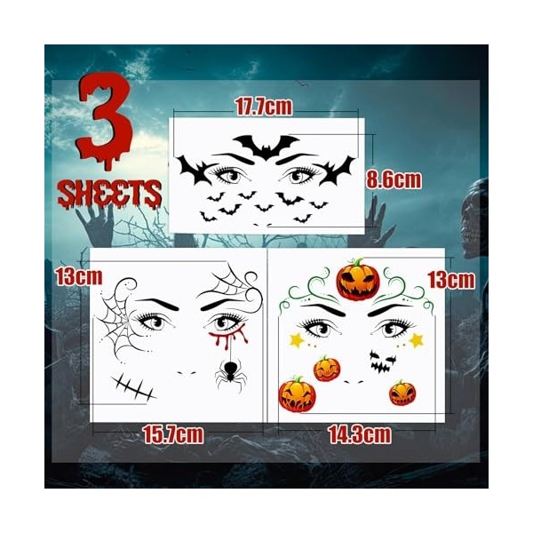 3 Feuilles Autocollants Halloween Tatouages Temporaires de Visage Yeux Cicatrices Citrouille Tatouages Ephémères Tattoos Étan