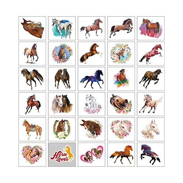 30Pcs Tatouage Temporaire Cheval Autocollant Tatouage Ephémère Animaux Etanche Cadeau pour Fête Cheval Décoration Enfant Fill