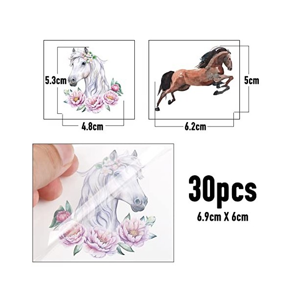 30Pcs Tatouage Temporaire Cheval Autocollant Tatouage Ephémère Animaux Etanche Cadeau pour Fête Cheval Décoration Enfant Fill