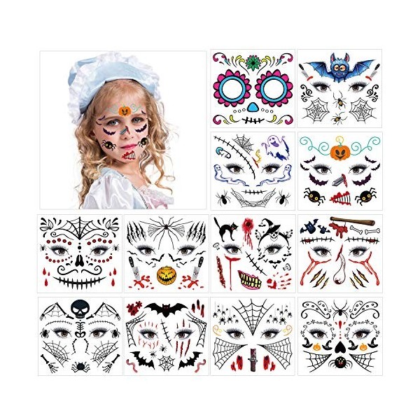 HOWAF Halloween Tatouages Temporaires pour visage 12 Feuilles , Terreur Crâne mort Sourire de Clown Floral Squelette Noir Ta