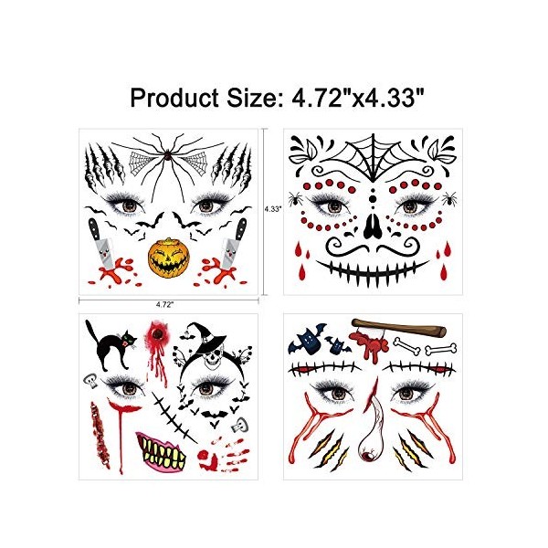 HOWAF Halloween Tatouages Temporaires pour visage 12 Feuilles , Terreur Crâne mort Sourire de Clown Floral Squelette Noir Ta