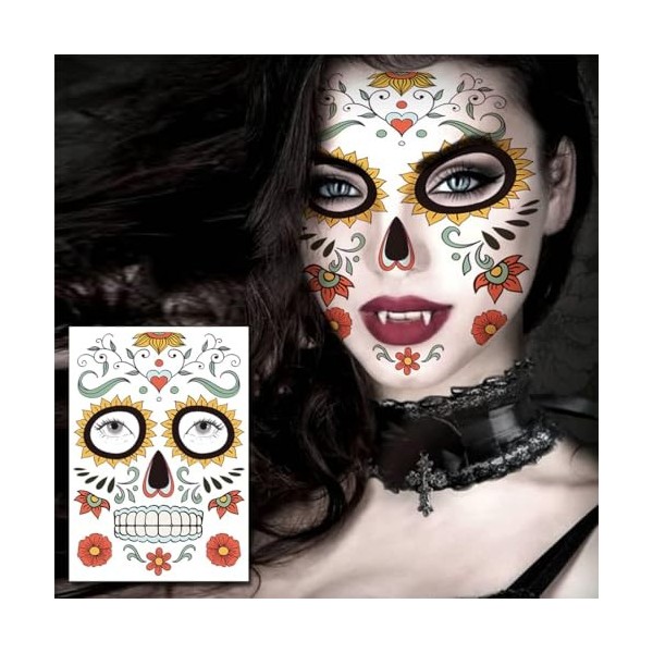 ASYKNM Kit de tatouage temporaire pour visage avec 9 autocollants de crâne de sucre - Idéal pour Halloween et maquillage de j