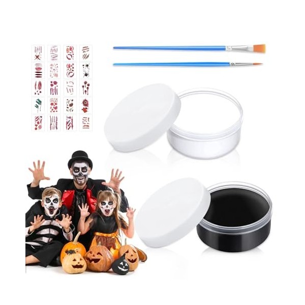 TZQFROCE Kit de maquillage dHalloween 20g x 2pcs Noir Blanc Maquillage dHalloween avec pinceau à maquillage Halloween Clown