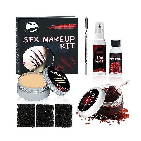 TZQFROCE 8 pièces Halloween Make up Set Maquillage dHalloween Effet spécial Halloween Faux sang Set avec éponge pour Hallowe