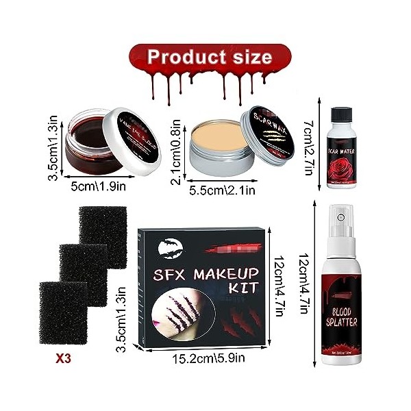 TZQFROCE 8 pièces Halloween Make up Set Maquillage dHalloween Effet spécial Halloween Faux sang Set avec éponge pour Hallowe