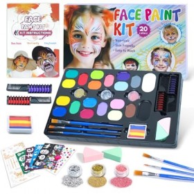 AZSJML Maquillage Enfant Kit Peinture, 20 Couleurs Peinture Corporelle pour Le Visage, Palette Maquillage Halloween Kit con 2