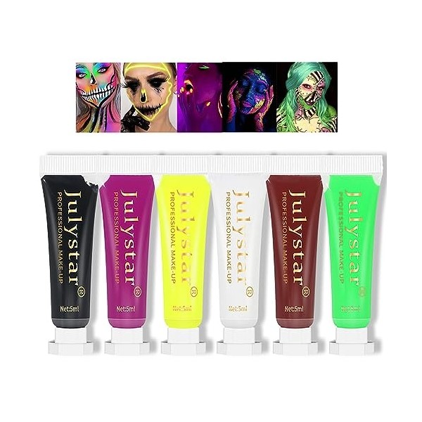 Holzsammlung Lot De 6 Tubes De Peinture Fluorescente Pour Le Visage Et Le Corps, Pour Halloween, Carnaval, NoëL, Cosplay, PâQ