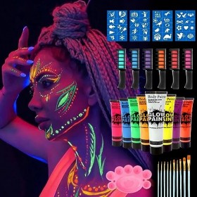 Peinture Fluorescente Corporelle UV Neon Peinture Visage Festival Maquillage Fluo dans le Noir pour Halloween, Fête et Noël a