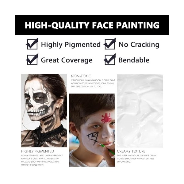 TKGEOUE Couleur du Visage dhalloween Noir + Blanc，Noir Blanc Visage Peinture Corps，Peinture Corporelle Noir et Blanc，Maquill