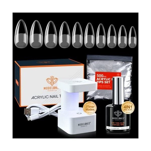 Modelones Capsule Americaine Oongle, 500Pcs Faux Ongles, 4 In1 Colle Faux Ongles,Lampe Uv Ongles Gel, Ongle Gel Kit Complet, 