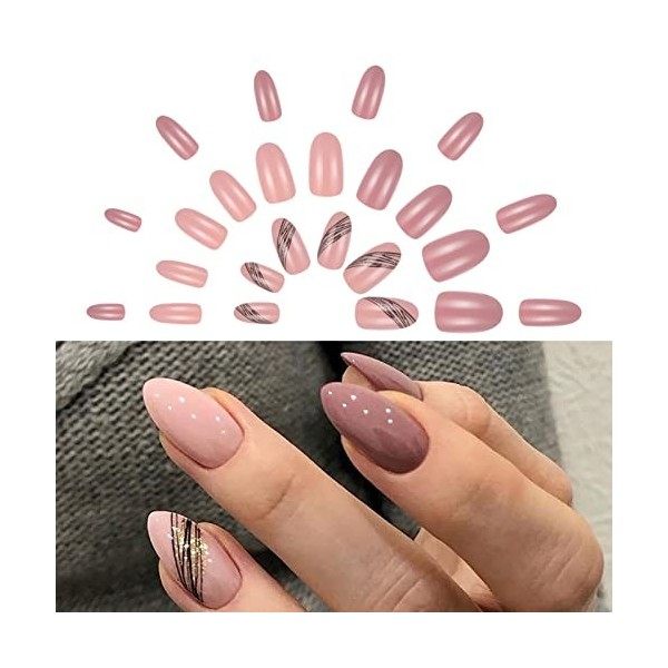 Fingertoys Lot de 24 Amande faux ongles Pleine Couverture faux ongles autocollants avec Adhésif Nail Glue pour Filles Femmes 