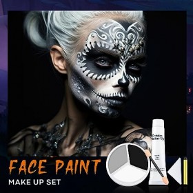 Beteligir Black Grey White Face Paint + 1PC Sponge + Brush+ Black Stick+ White Cream. Face Painting Kit for Halloween Skeleto