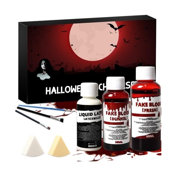 Faux Sang Halloween 3er Set, Maquillage Halloween Makeup pour Visage Set, 50ml Faux Sang Foncé + 60ml Faux Sang Clair+30ml La