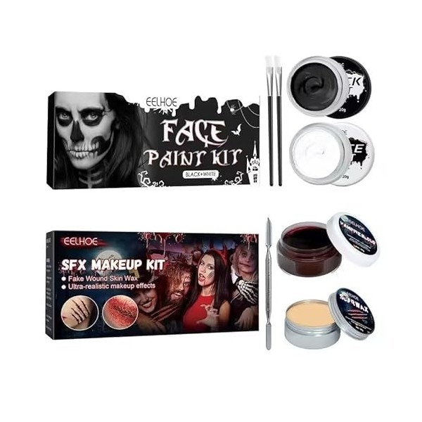 Halloween Palette de Maquillage,Kit de Maquillage pour le Visage et le Corps, Peinture Corporelle Noir et Blanc, Peinture Vis