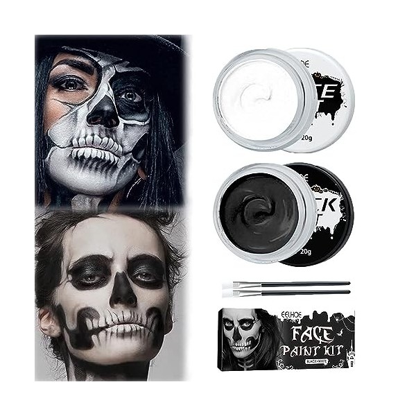 Halloween Palette de Maquillage,Kit de Maquillage pour le Visage et le Corps, Peinture Corporelle Noir et Blanc, Peinture Vis