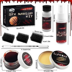 Kit de maquillage Scar Halloween 8 pièces, kit de maquillage Halloween avec faux sang, cire cicatricielle, outil spatule, fau
