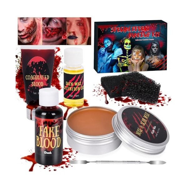 FORMIZON Maquillage Halloween Effets Spéciaux, 60g Cire De Cicatrice, Faux Sang, Faux gel Coagulé, Spatule, Kit de cire de ma