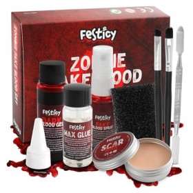 Festicy Halloween Set Maquillage à Effets Speciaux I Faux Sang, Cire pour Cicatrice, Spray Faux Sang, Wax pour Visage & Plus 