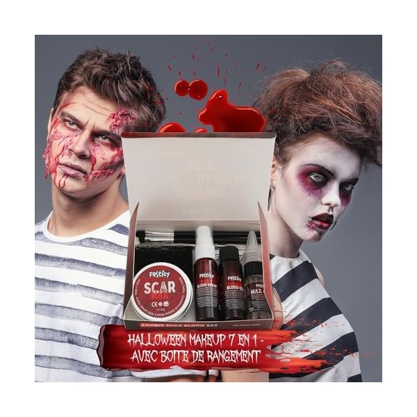 Festicy Halloween Set Maquillage à Effets Speciaux I Faux Sang, Cire pour Cicatrice, Spray Faux Sang, Wax pour Visage & Plus 