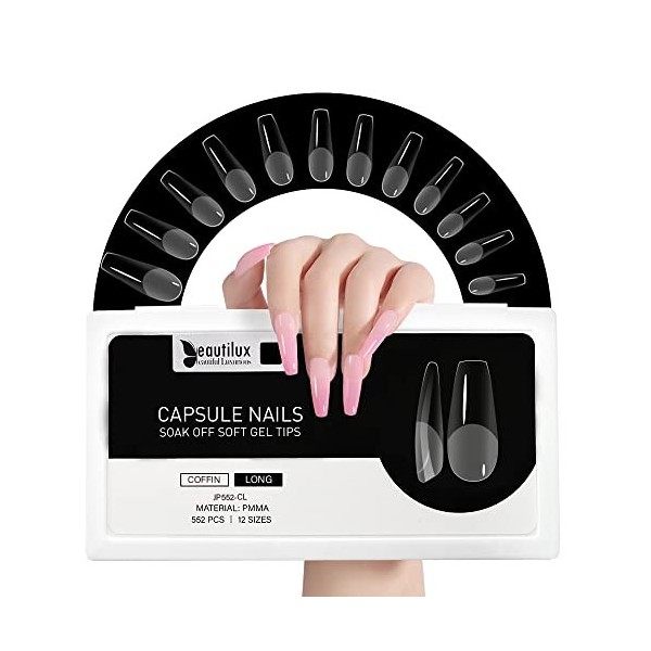 Beautilux Faux Ongles Capsule Américaine Transparente Acrylique False Nail Tips 552 Pcs/Boîte 12 Tailles Différentes Amande M