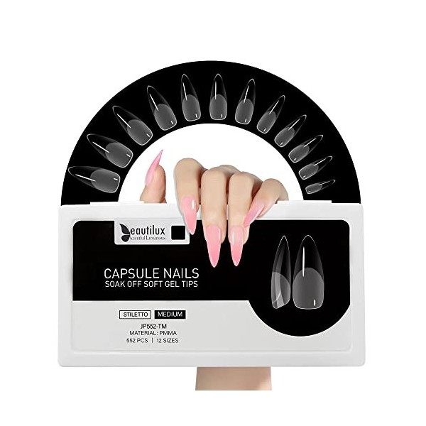 Beautilux Faux Ongles Capsule Américaine Transparente Acrylique False Nail Tips 552 Pcs/Boîte 12 Tailles Différentes Amande M