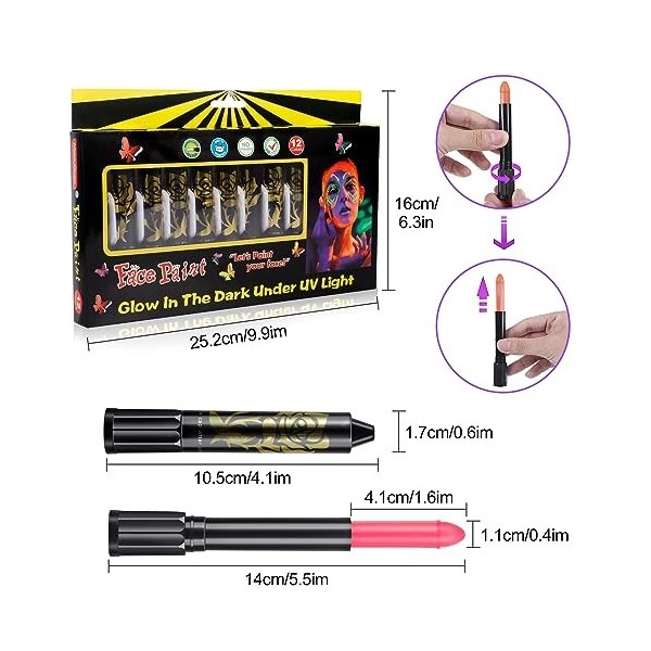 GUHAOOL Crayons de Peinture Lumineux pour le Visage,12 Couleurs Peinture Fluorescents UV,Kits de Peinture Pour le Visage,Lava