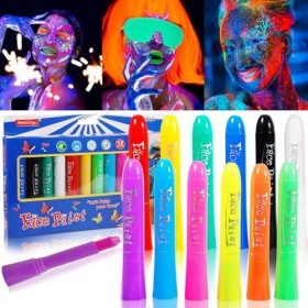 POWZOO Peinture corporelle Fluorescents UV,12 Couleurs 6 Glow+6 Classic ,Crayons de Peinture Lumineux pour Visage et Corps,La
