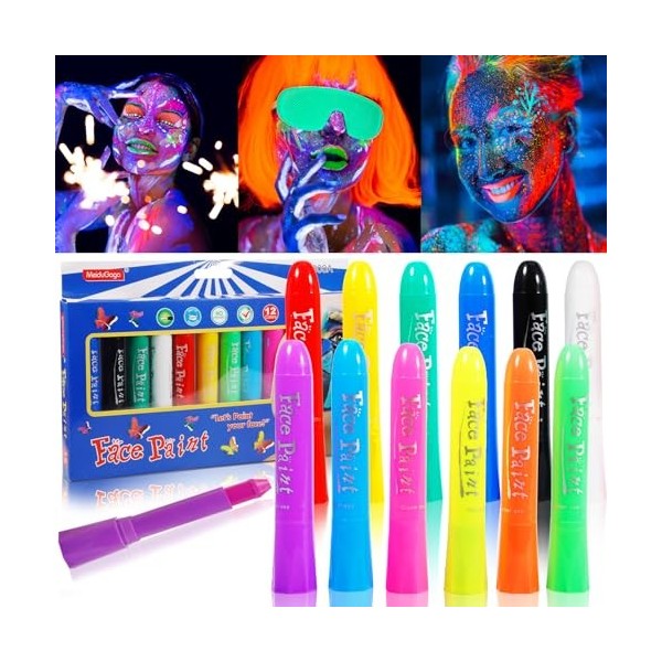 POWZOO Peinture corporelle Fluorescents UV,12 Couleurs 6 Glow+6 Classic ,Crayons de Peinture Lumineux pour Visage et Corps,La