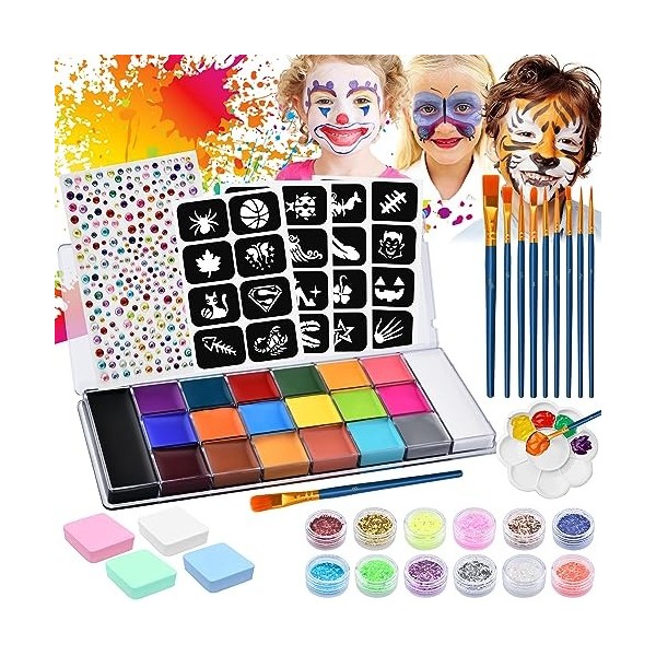 DazSpirit Lot de 26 couleurs corporelles pour enfant - Avec palette, 10 pinceaux, 4 pochoirs de peinture, 1 autocollant en st