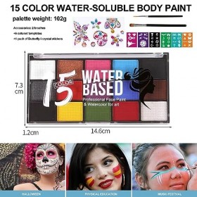 10 pcs Maquillage Enfant Sonwaha Peinture Visage Enfant avec 15 Couleurs Peinture Corporelle avec Brosse,Pochoir,Gemmes,Peint