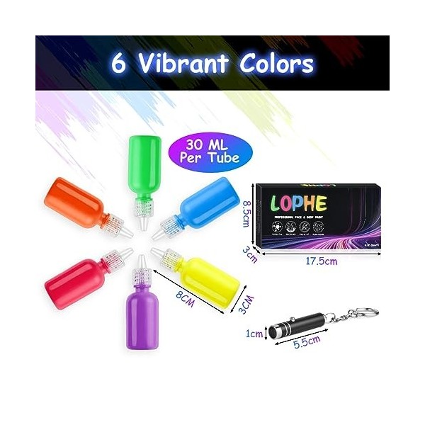 LOPHE Peinture Corporelle-Kit de Peinture fluorescente, UV Glow Lot de 6 tubes de peinture, Peinture Corporelle Maquillage po