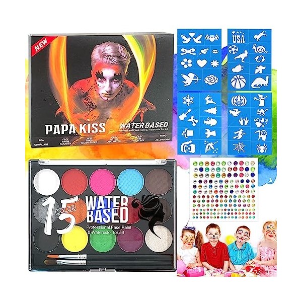 TOPJOWGA Palette de Maquillage Enfants, Peinture de Tatouage pour le Visage et le Corps, avec 4 Pochoirs Peinture et 2 Pincea