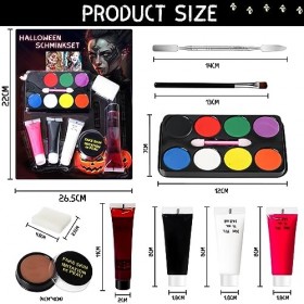 Kit Maquillage Halloween, Palette de 8 Couleurs+Cire De Cicatrice+ Faux Sang+Raclettes+Pinceaux de Maquillage+Cotons-Tiges+ép