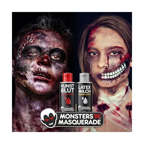 MonstersnMasquerade® - HALLOWEEN SFX SET | Faux Sang Professionnel 150ml + Lait Latex 150ml | Maquillage pour Halloween, Ma