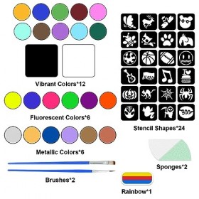 Palette de Maquillage pour Enfants, Face Painting Party Set, 24 Painting Couleurs, 24 Pochoirs, 2 Pinceaux, 2 éponges, Non-To