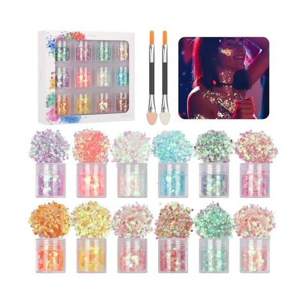 Owelth Paillettes Visage Festival, 12 Couleurs hex Paillettes Visage Maquillage Paillette, Paillette Visage Maquillage Festiv