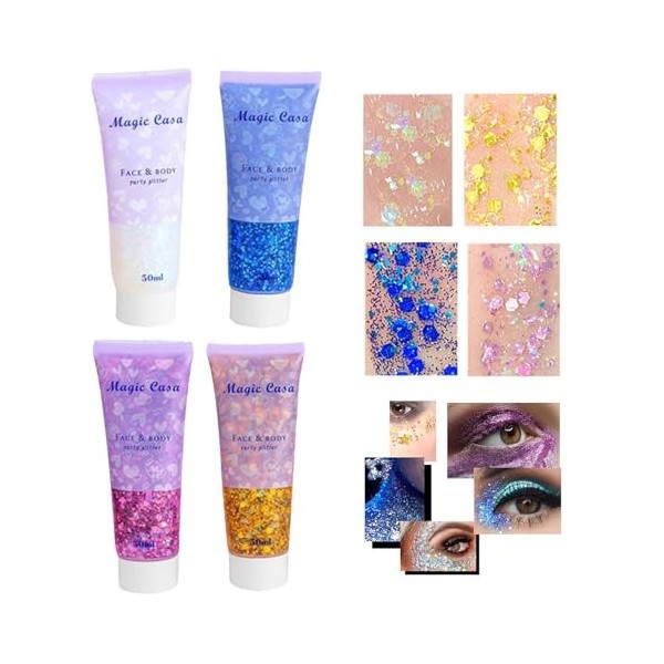 Lot de 4 Fards à Paupières Liquides en gel Paillettes Visage, Paillette Cheveux, Très Approprié pour les Festivals de Musique