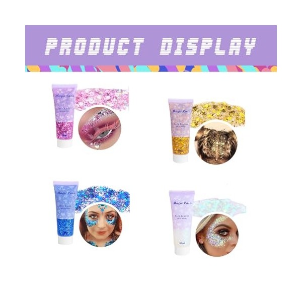 Lot de 4 Fards à Paupières Liquides en gel Paillettes Visage, Paillette Cheveux, Très Approprié pour les Festivals de Musique