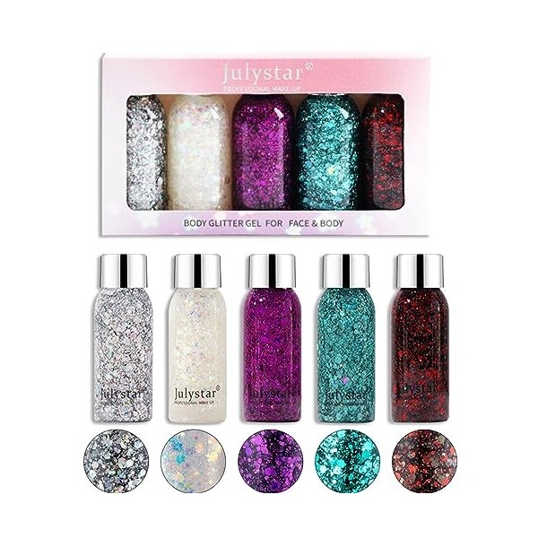 MKNZOME 5 Couleurs Paillettes de Corps, 30ML Gel Paillettes Visage, Glitter Body Gel, Paillette Cheveux, Maquillage Paillette