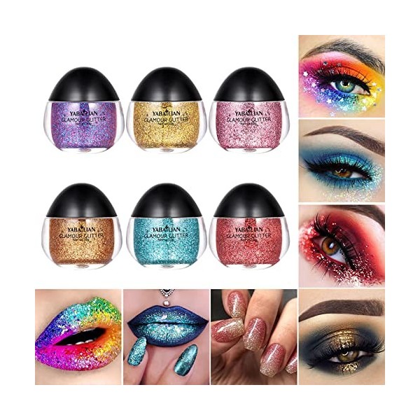 MKNZOME 6 Couleurs Paillettes de Corps, Gel Paillettes Visage, Glitter Body Gel, Paillette Cheveux, Maquillage Paillette, Pai