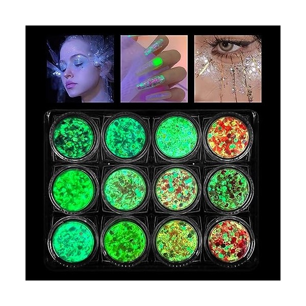 12 Pièces Paillettes Fluorescentes Visage Corps,Paillettes Ensemble pour Ongles,Pour Visage,Corps,Cheveux,Fête