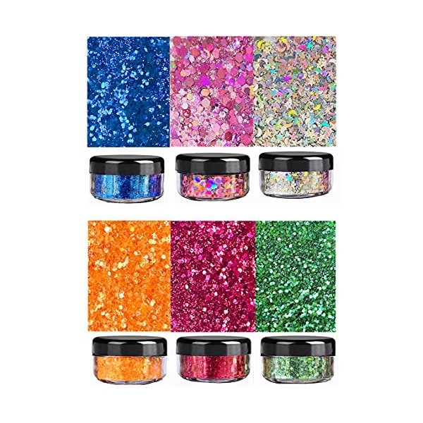 Lot de 6 paillettes cosmétiques pour le corps, pour le corps et le visage, avec colle durable et pinceau 6 couleurs 