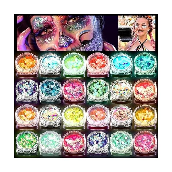 Lumineuse Paillettes Visage Festival Gel,24 Couleurs Maquillage Paillettes Glitter,Holographique Paillettes Set,Paillettes De