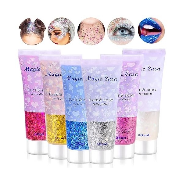 6 Pièces Paillettes Visage Festival - Gel Paillettes Visage Glitter - Paillette Cheveux, Paillettes Corps pour Maquillage Fes