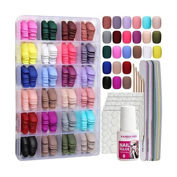 24 Couleurs 576 Pièces Faux Ongles, FANDAMEI Faux Ongles Acrylique pour Nail Art Artificiel Ongles, Colle à ongles, avec des 