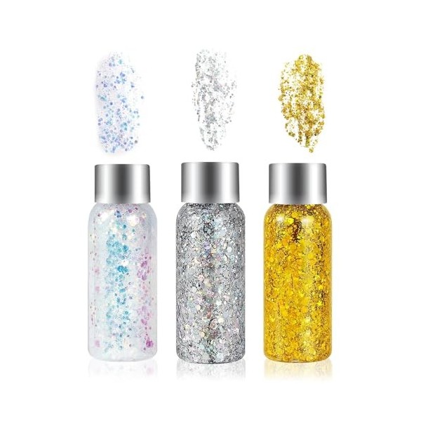 3 Couleurs Glitter Body Gel, Chunky Visage Gel à Paillettes, Sparkling longue durée Liquide Mermaid Sequins Liquide Maquillag