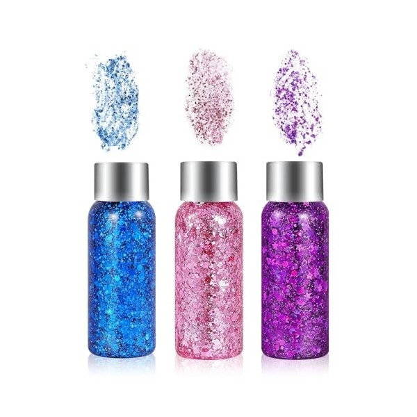 3 Couleurs Glitter Body Gel, Chunky Visage Gel à Paillettes, Sparkling longue durée Liquide Mermaid Sequins Liquide Maquillag