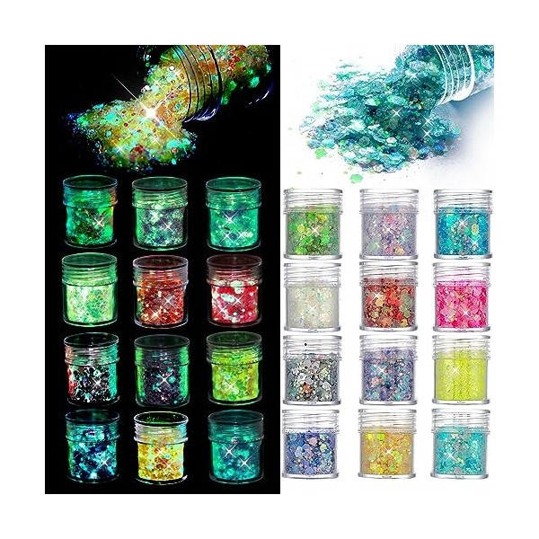 simarro Paillettes fluorescentes, 12 couleurs Hex Face Body Glitter Set Ongles Cheveux Corps Paillettes Accessoires pour Hall