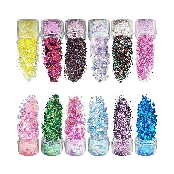 Festival Paillettes Visage pour Déguisements Festifs Set de 12 Couleurs Body Glitter pour Nail Art et Corps Visage Cheveux Dé